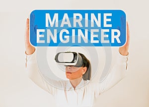 Handwriting text Marine Engineer. Word for incharge with maintenance and operation of a ship s is engines