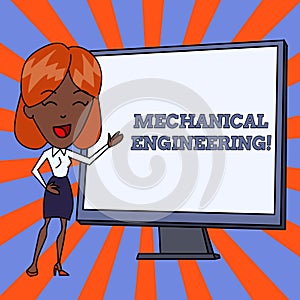 Handwriting text Mechanical Engineering. Concept meaning deals with Design Manufacture Use of Machines White Female in