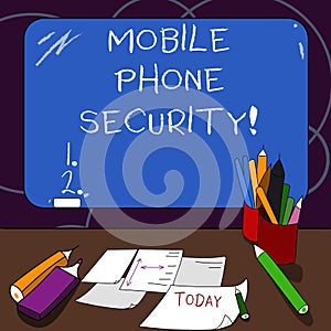 Handwriting text Mobile Phone Security. Concept meaning secure data on mobile devices Wireless security Mounted Blank Color