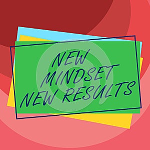 Handwriting text New Mindset New Results. Concept meaning Open to Opportunities No Limits Think Bigger Pile of Blank