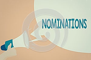 Handwriting text Nominations. Concept meaning action of nominating or state being nominated for prize Hu analysis Hand photo