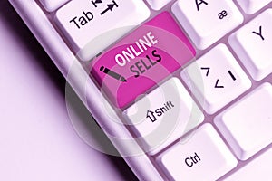 Handwriting text Online Sells. Concept meaning sellers directly sell goods or services over the Internet White pc