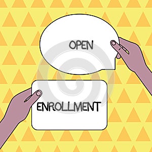 Handwriting text Open Enrollment. Concept meaning The yearly period when showing can enroll an insurance Two Blank