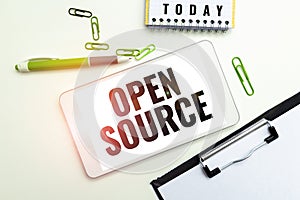 Handwriting text Open Source. Business idea denoting software which original source code freely available