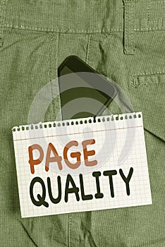 Handwriting text Page Quality. Concept meaning Effectiveness of a website in terms of appearance and function Smartphone