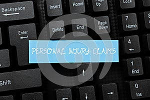 Handwriting text Personal Injury Claims. Word for being hurt or injured inside work environment