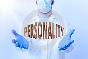 Handwriting text Personality. Concept meaning the condition or fact of relating to a particular an individual Laboratory