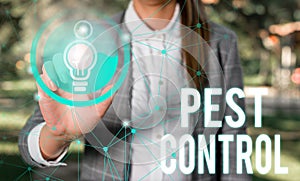 Handwriting text Pest Control. Concept meaning Killing destructive insects that attacks crops and livestock Female human