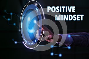 Handwriting text Positive Mindset. Concept meaning mental attitude in wich you expect favorable results Lady presenting