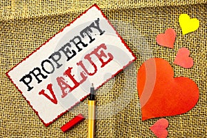 Handwriting text Property Value. Concept meaning Estimate of Worth Real Estate Residential Valuation written on Sticky Note Paper