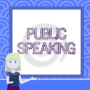 Handwriting text Public Speaking. Business concept talking showing stage in subject Conference Presentation Lady Drawing