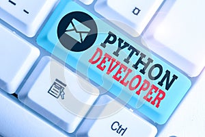 Handwriting text Python Developer. Concept meaning responsible for writing serverside web application logic.