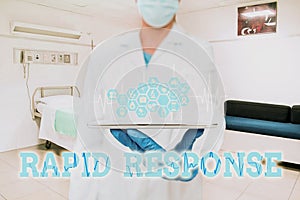 Handwriting text Rapid Response. Concept meaning Medical emergency team Quick assistance during disaster Woman Suit