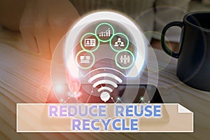 Handwriting text Reduce Reuse Recycle. Concept meaning environmentallyresponsible consumer behavior Picture photo system network