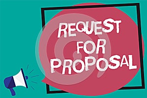 Handwriting text Request For Proposal. Concept meaning document contains bidding process by agency or company Framed multiline tex