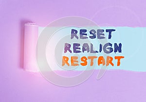 Handwriting text Reset Realign Restart. Concept meaning Life audit will help you put things in perspectives Cardboard photo