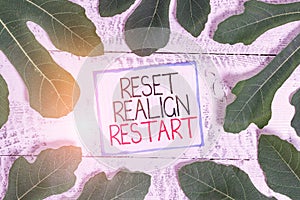 Handwriting text Reset Realign Restart. Concept meaning Life audit will help you put things in perspectives Leaves