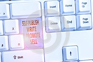 Handwriting text Self Publish Write Promote Sell. Concept meaning Auto promotion writing Marketing Publicity White pc