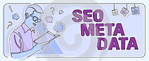 Handwriting text Seo Meta Data. Word for Search Engine Optimization Online marketing strategy Paper With Speech Bubble