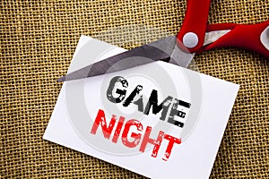 Handwriting text showing Game Night. Conceptual photo Entertainment Fun Play Time Event For Gaming written on Sticky Note Paper Cu