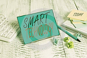 Handwriting text Smart Technology. Concept meaning used to protect and prevent errors in hard drives Notepaper stand on buffer