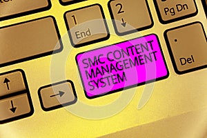 Handwriting text Smc Content Management System. Concept meaning mangae creation and modification of posts Keyboard purple key Inte