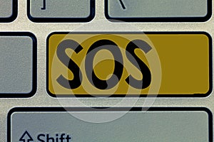 Handwriting text Sos. Concept meaning Urgent appeal for help International code signal of extreme distress