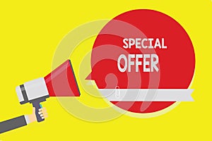 Handwriting text Special Offer. Concept meaning Selling at a lower or discounted price Bargain with Freebies Man holding megaphone