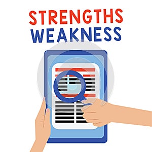 Handwriting text Strengths Weakness. Concept meaning Opportunity and Threat Analysis Positive and Negative