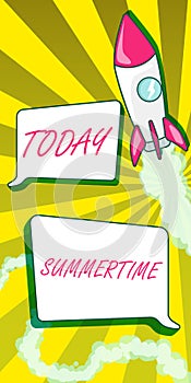 Handwriting text Summertime. Business concept Longer daylight Tropical season Beach activities Vacation Rocket Ship