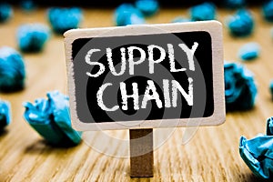 Handwriting text Supply Chain. Concept meaning System of organization and processes from supplier to consumer Blackboard crumpled