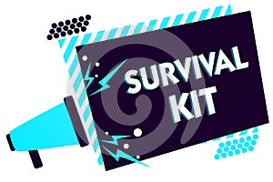 Handwriting text Survival Kit. Concept meaning Emergency Equipment Collection of items to help someone Megaphone loudspeaker blue