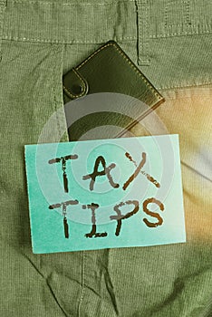 Handwriting text Tax Tips. Concept meaning compulsory contribution to state revenue levied by government Small little wallet photo