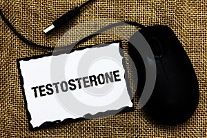 Handwriting text Testosterone. Concept meaning Male hormones development and stimulation sports substance USB black mouse art boar