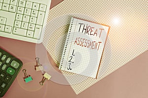 Handwriting text Threat Assessment. Concept meaning determining the seriousness of a potential threat Writing equipments