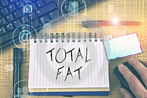 Handwriting text Total Fat. Concept meaning combined value of the different types of fat shown at the label.