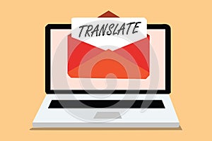 Handwriting text Translate. Concept meaning Another word with same equivalent meaning of a target language Computer receiving emai photo