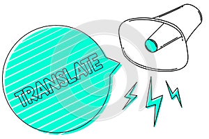 Handwriting text Translate. Concept meaning Another word with same equivalent meaning of a target language Megaphone loudspeaker g photo