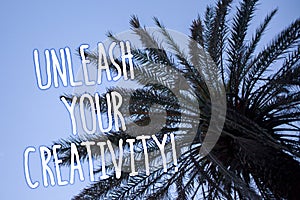 Handwriting text Unleash Your Creativity Call. Concept meaning Develop Personal Intelligence Wittiness Wisdom Tall palm tree blue