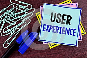 Handwriting text User Experience. Concept meaning Customer experience feedback web infrastructure development written on Sticky No photo