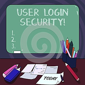 Handwriting text User Login Security. Concept meaning set of credentials used to authenticate demonstrating Mounted