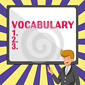 Handwriting text Vocabulary. Business concept collection of words and phrases alphabetically arranged and explained or