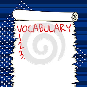 Handwriting text Vocabulary. Conceptual photo collection of words and phrases alphabetically arranged and explained or