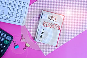 Handwriting text Voice Recognition. Concept meaning the control of a computer system by a voice or voices Writing photo