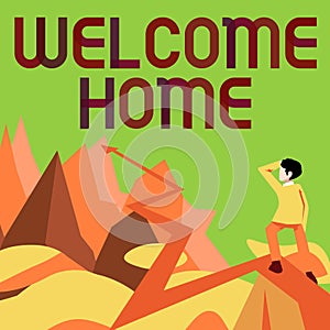 Handwriting text Welcome Home. Business approach Expression Greetings New Owners Domicile Doormat Entry Man watching