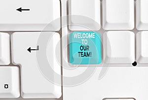 Handwriting text Welcome To Our Team. Concept meaning introducing another demonstrating to your team mates White pc