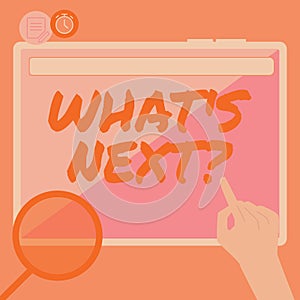Handwriting text What S Next. Concept meaning Asking whatever comes immediately after the present one Hand Using Big photo