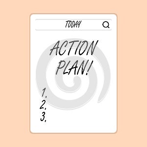 Handwriting text writing Action Plan. Concept meaning proposed strategy or course of actions for certain time Search Bar