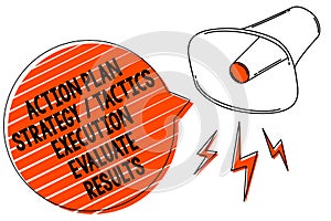 Handwriting text writing Action Plan Strategy Tactics Execution Evaluate Results. Concept meaning Management Feedback Megaphone lo