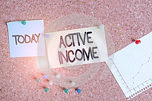 Handwriting text writing Active Income. Concept meaning Royalties Salaries Pensions Financial Investments Tips Corkboard